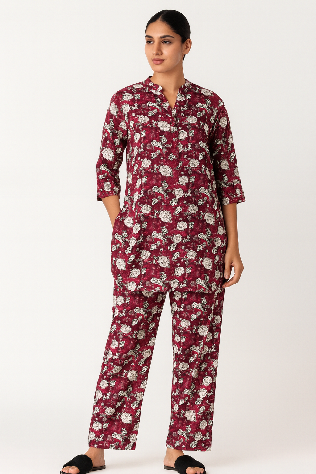 Women's Maroon Floral Print Kurti with Straight pajama Co-Ord Set