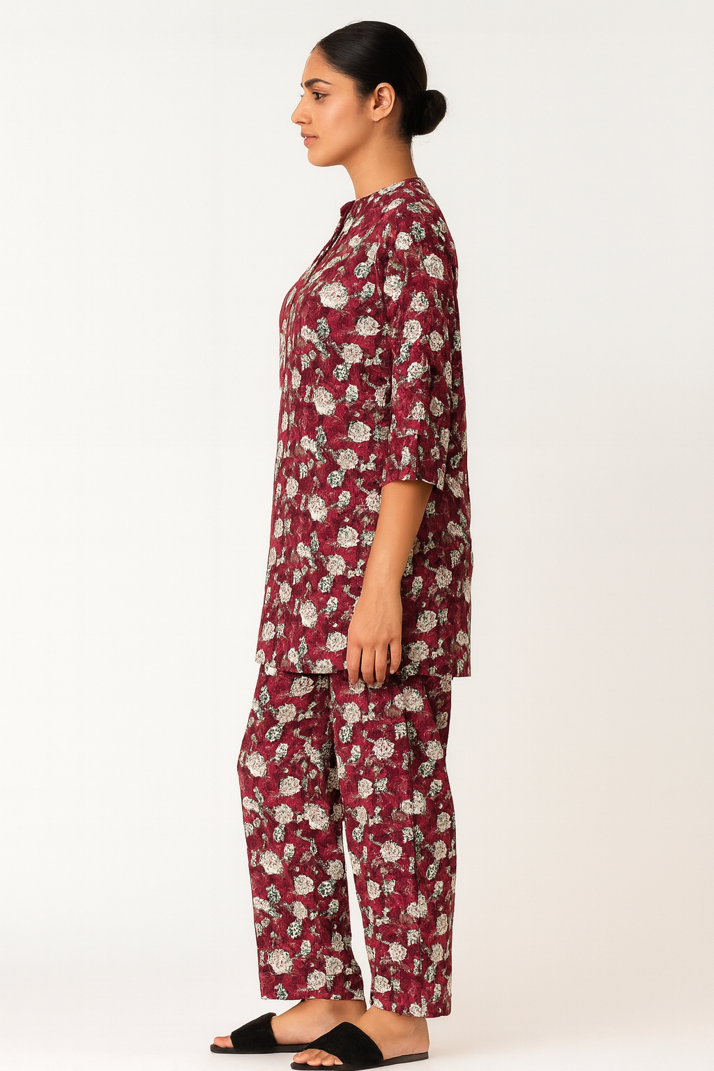 Women's Maroon Floral Print Kurti with Straight pajama Co-Ord Set