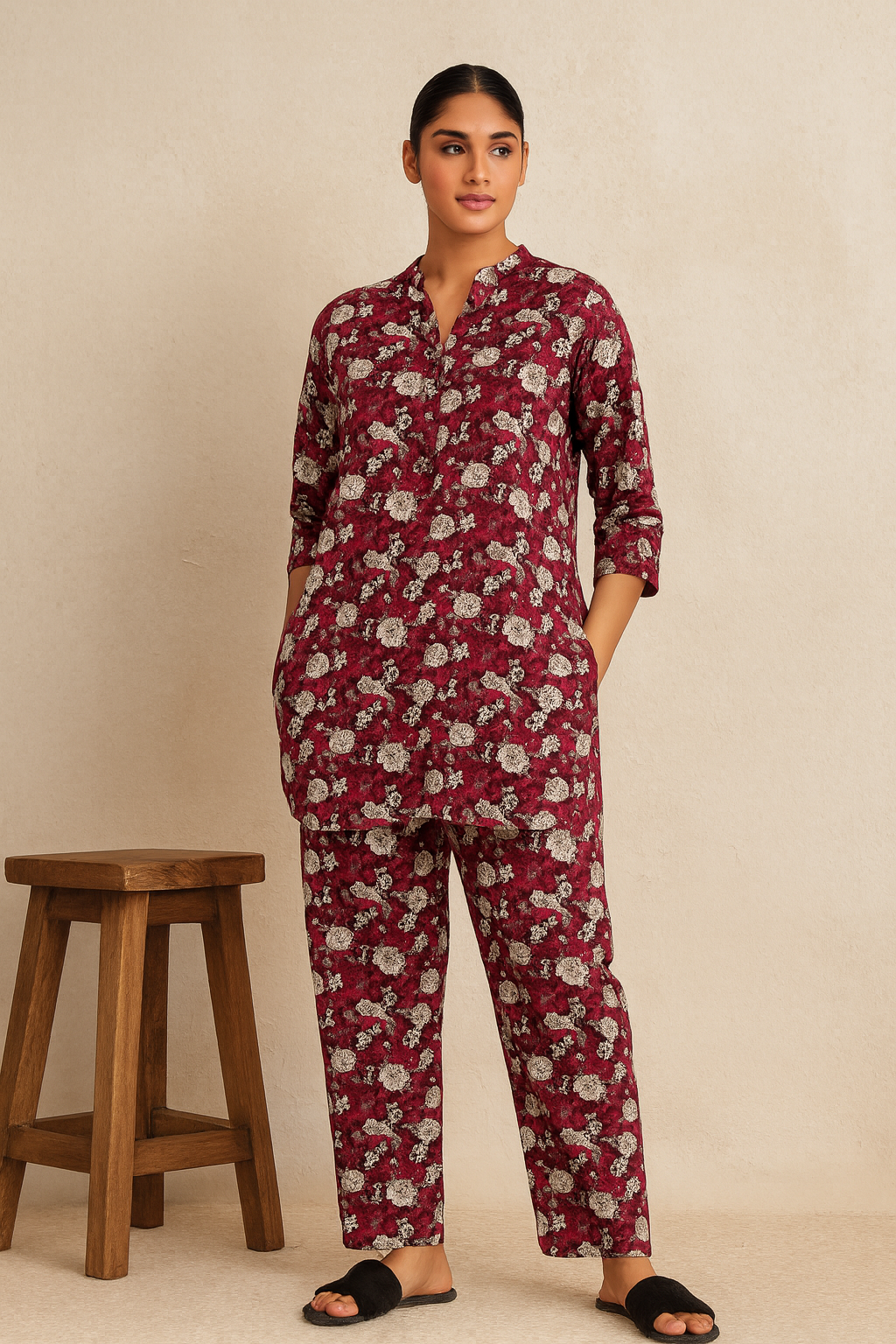 Women's Maroon Floral Print Kurti with Straight pajama Co-Ord Set