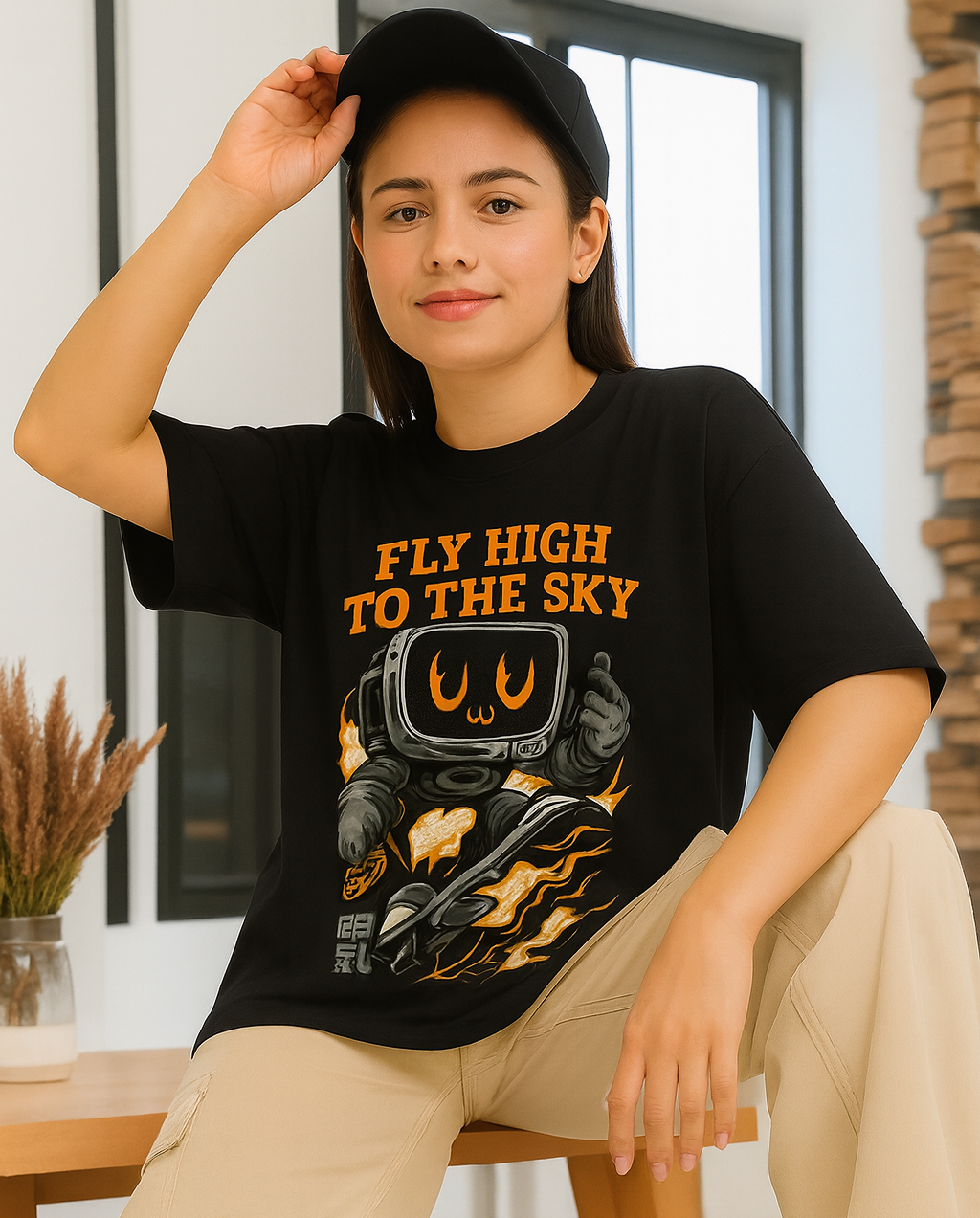 Men's Black 'Fly High to the Sky' Graphic Oversized T-Shirt