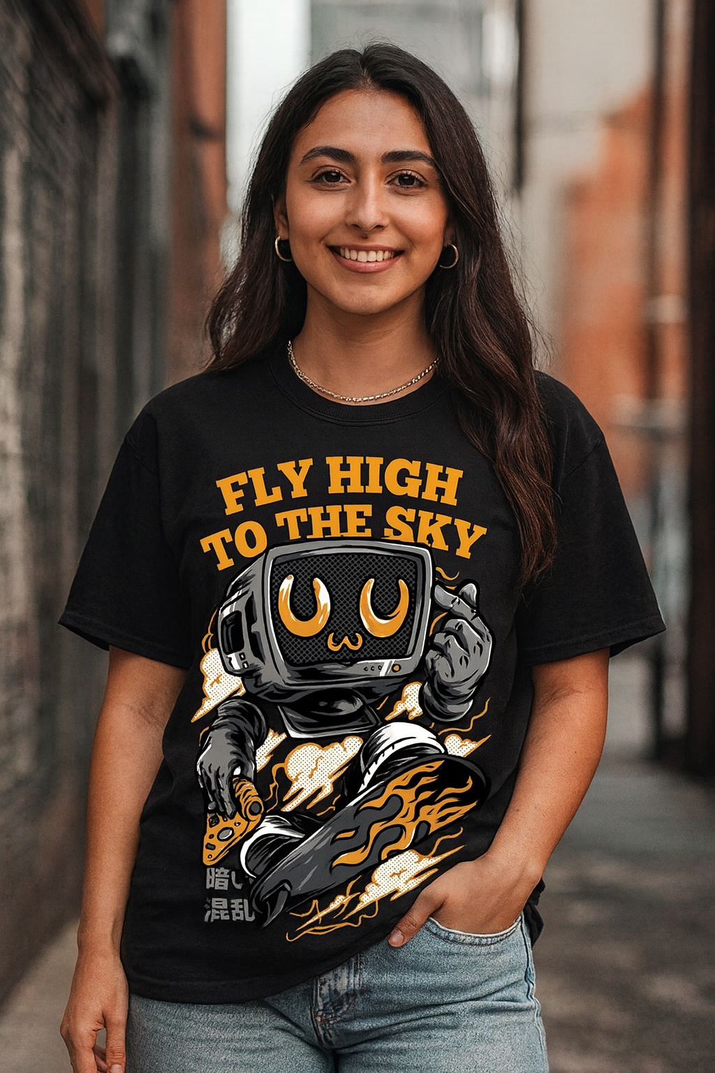 Men's Black 'Fly High to the Sky' Graphic Oversized T-Shirt