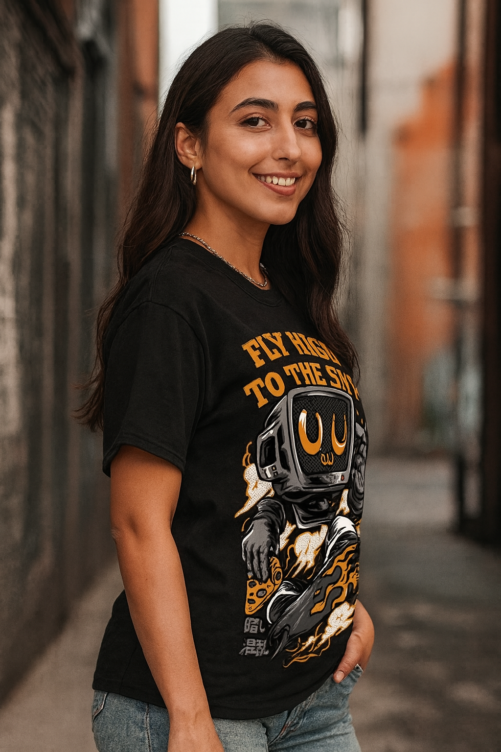 Men's Black 'Fly High to the Sky' Graphic Oversized T-Shirt