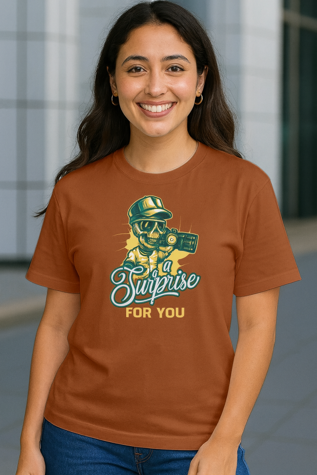 Men's Brown 'A Surprise For You' Skull Graphic Oversized T-Shirt