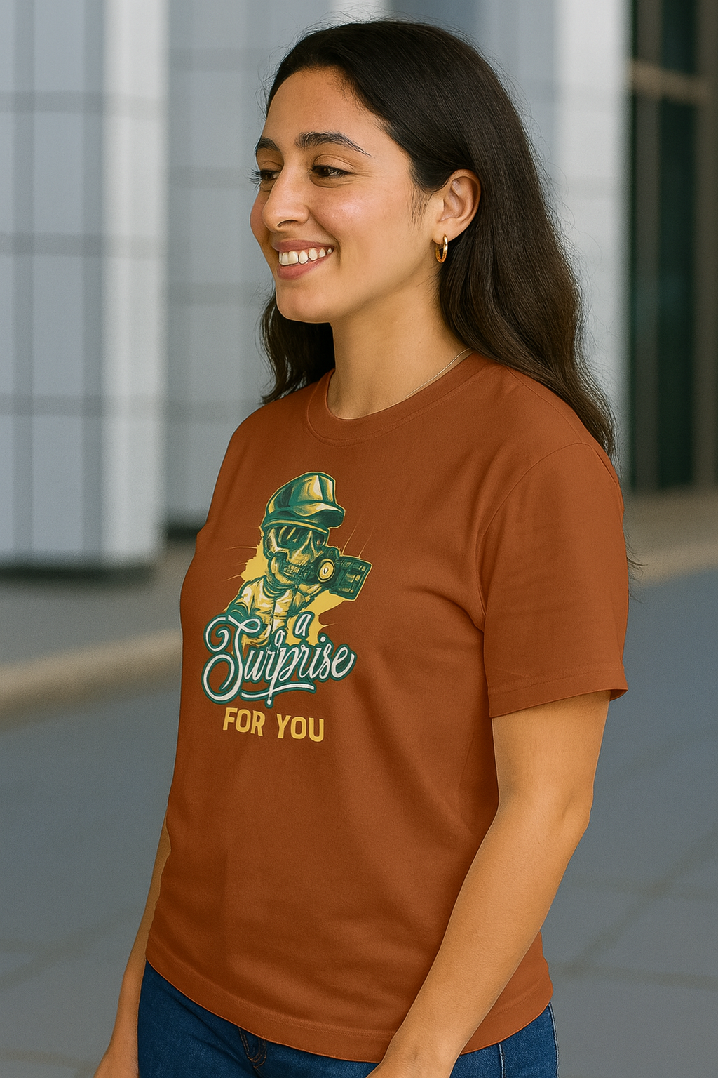 Men's Brown 'A Surprise For You' Skull Graphic Oversized T-Shirt