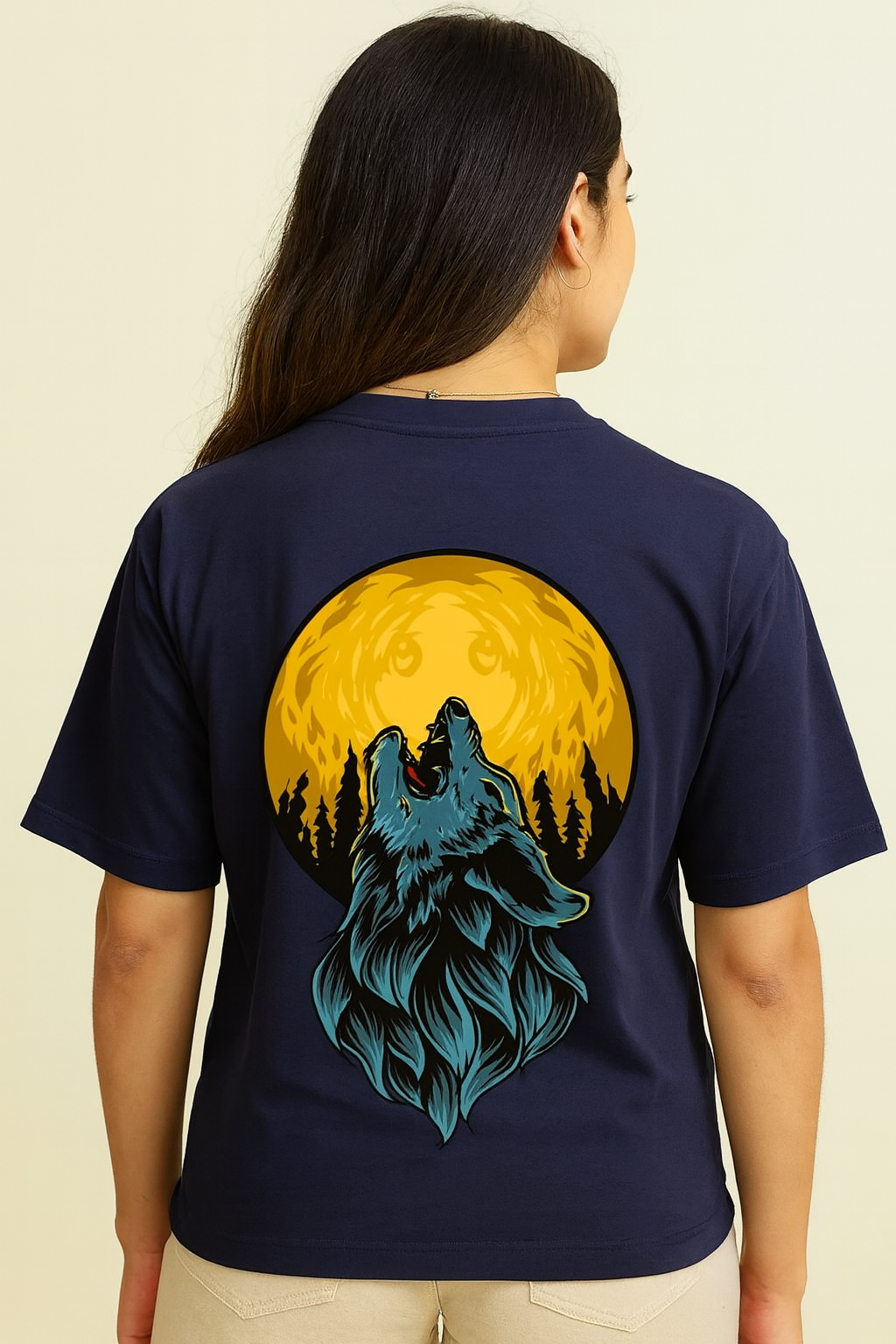 Men's Navy Blue 'Howling Wolf & Full Moon' Graphic Back Print T-Shirt