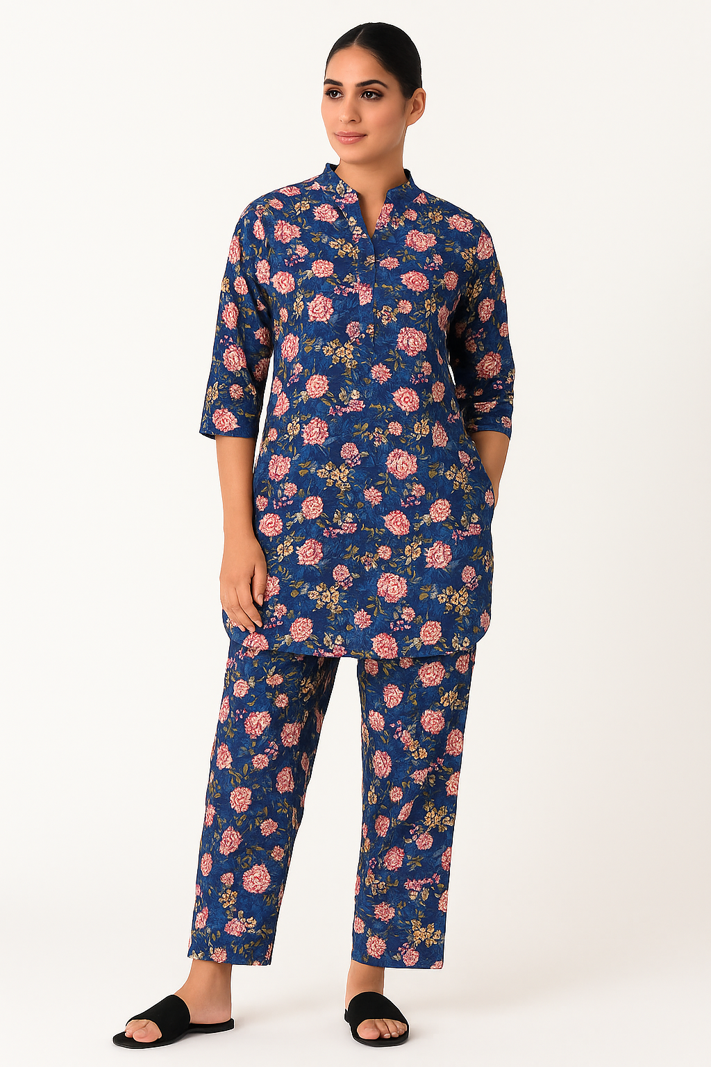 Women's Blue Floral Print Kurti with Straight pajama Co-Ord Set