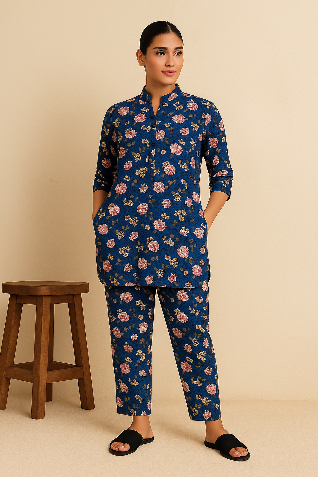 Women's Blue Floral Print Kurti with Straight pajama Co-Ord Set