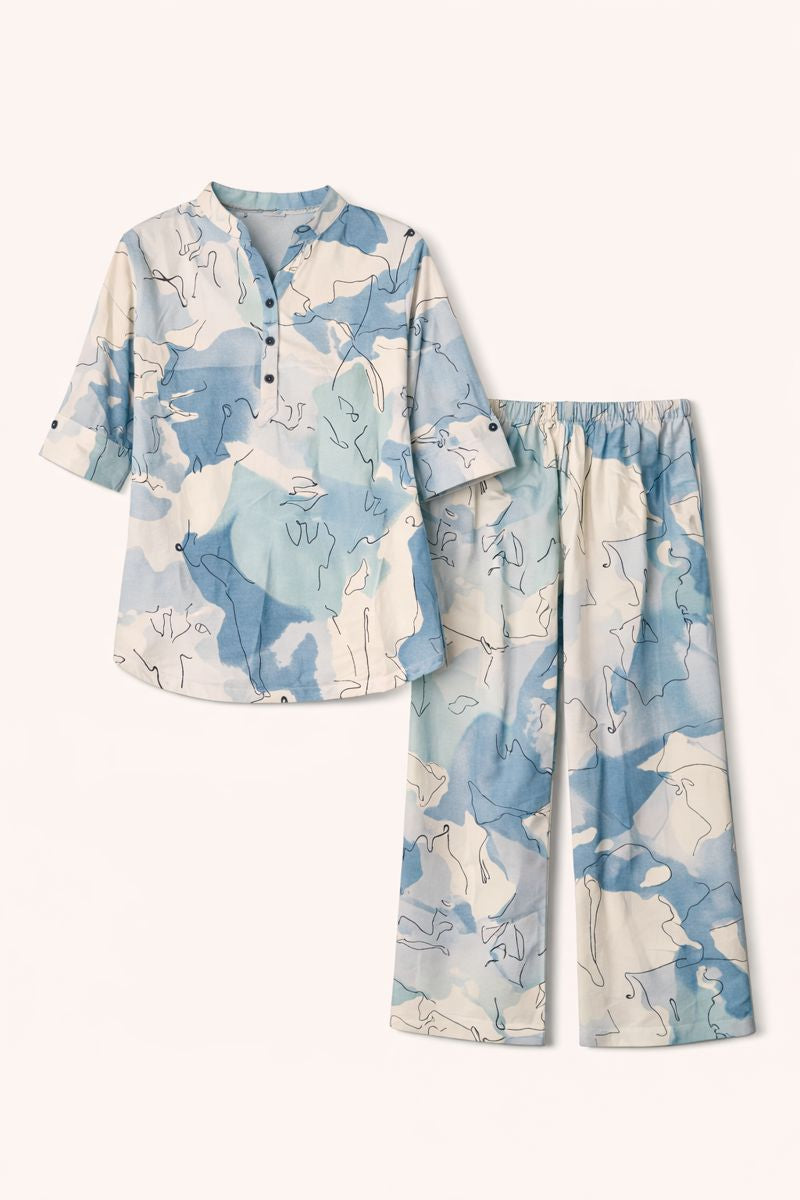 Women's Blue Abstract Print Kurti and Palazzo Co-Ord Set