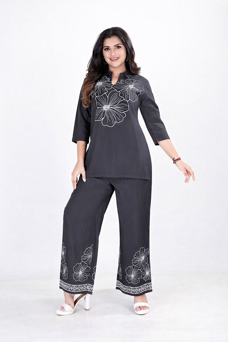 Women’s Charcoal Black Floral Printed Kurti Pant Co-Ord Set