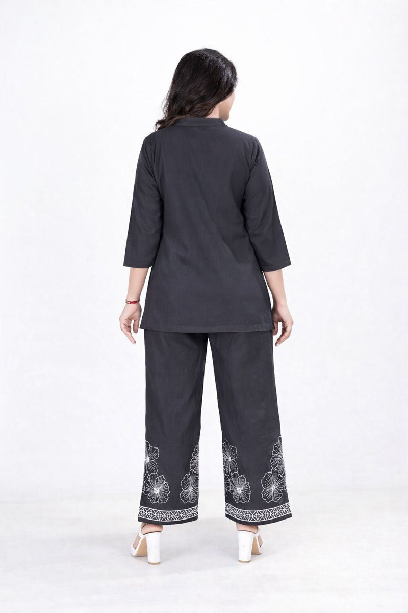 Women’s Charcoal Black Floral Printed Kurti Pant Co-Ord Set