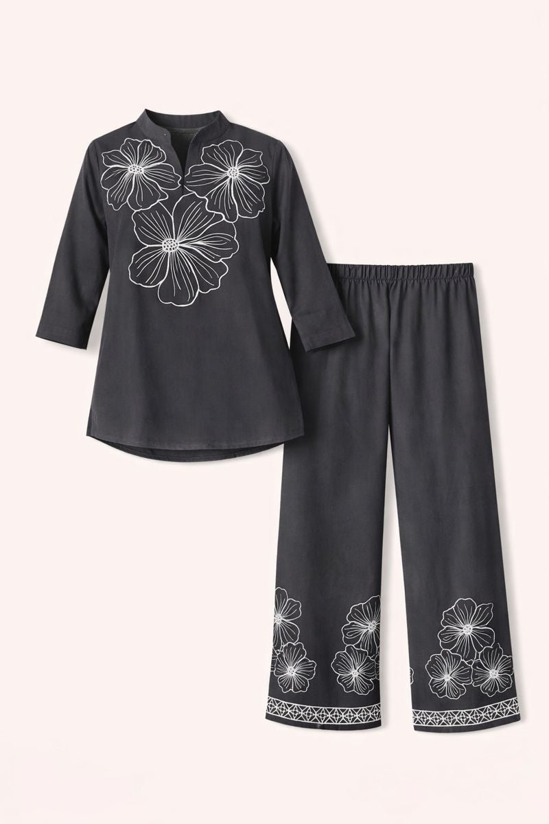 Women’s Charcoal Black Floral Printed Kurti Pant Co-Ord Set