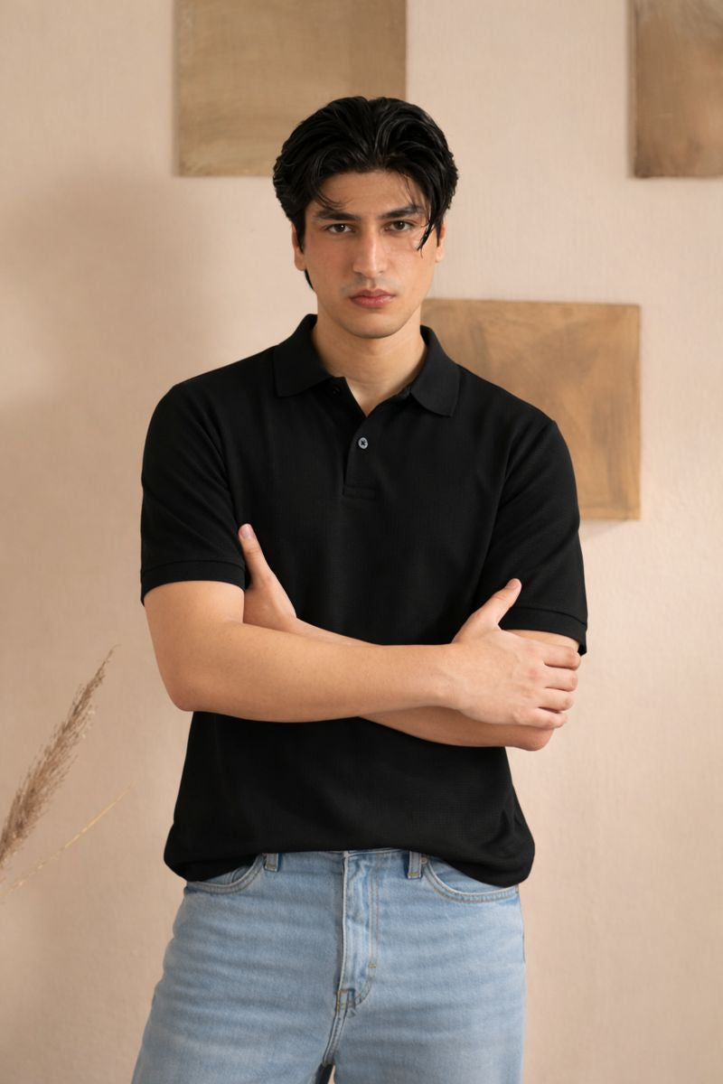Men's Black Polo T-Shirt - Regular Fit, Half Sleeve
