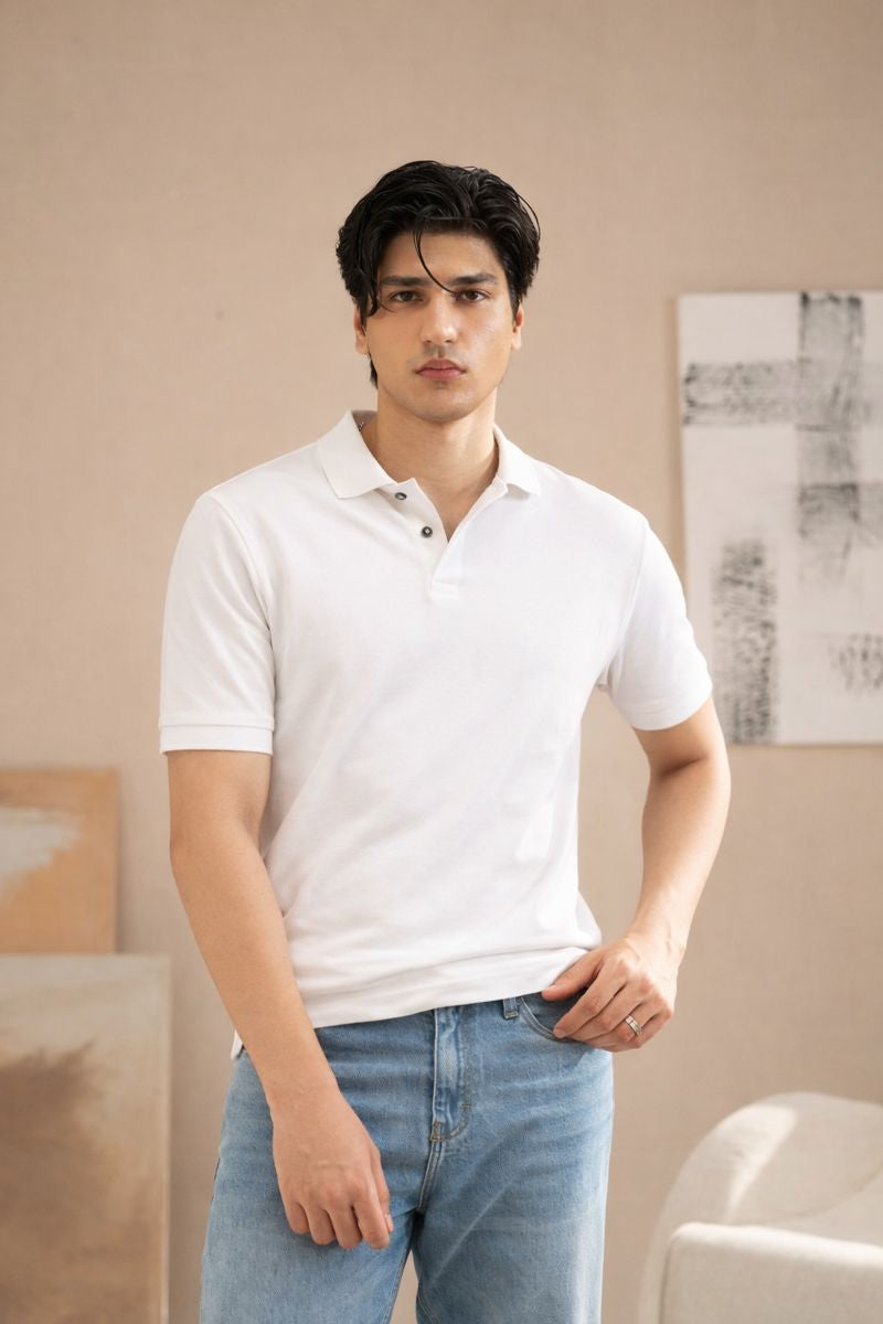 Men's Classic White Polo T-Shirt - Regular Fit, Half Sleeve