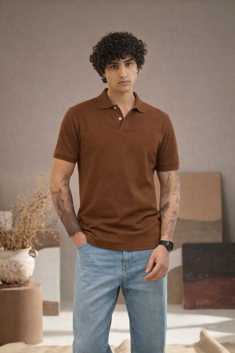 Men's Brown Polo T-Shirt - Regular Fit, Half Sleeve