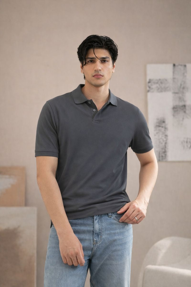 Men's Dark Grey Polo T-Shirt - Regular Fit, Half Sleeve