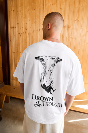 GROHOOD Oversized White Graphic T-Shirt for Men | Drown In Thought Back Print | Premium Cotton Streetwear Tee