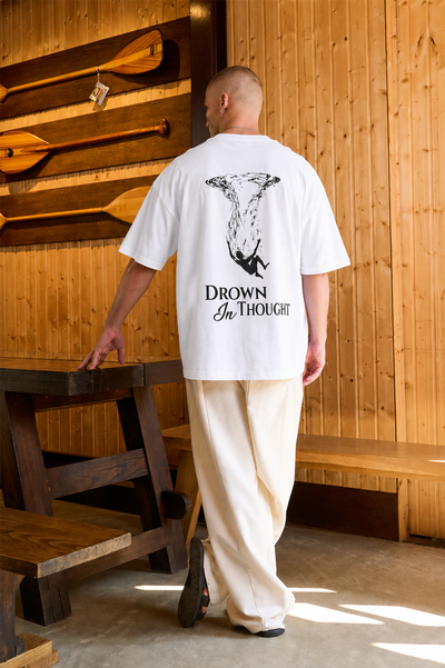 GROHOOD Oversized White Graphic T-Shirt for Men | Drown In Thought Back Print | Premium Cotton Streetwear Tee