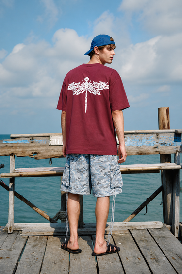 GROHOOD Oversized Maroon Graphic T-Shirt for Men | Dragonfly Back Print Streetwear Tee | Premium Cotton Relaxed Fit