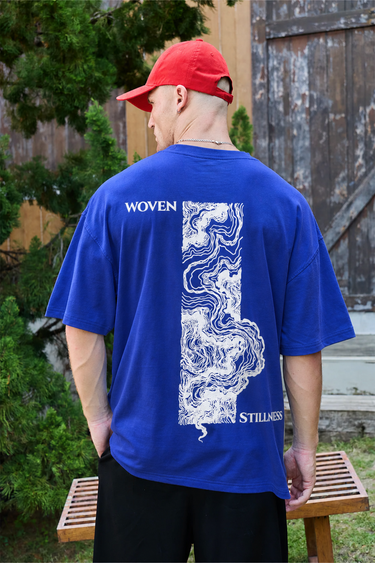 GROHOOD Oversized Blue Graphic T-Shirt for Men | Woven Stillness Back Print Tee | Premium Streetwear Cotton T-Shirt