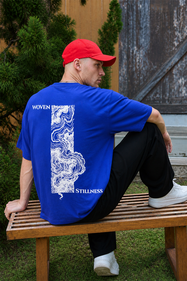 GROHOOD Oversized Blue Graphic T-Shirt for Men | Woven Stillness Back Print Tee | Premium Streetwear Cotton T-Shirt