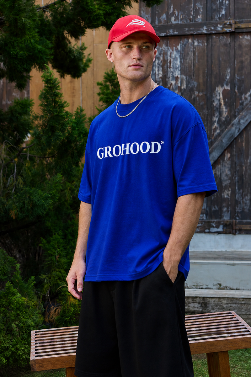 GROHOOD Oversized Blue Graphic T-Shirt for Men | Woven Stillness Back Print Tee | Premium Streetwear Cotton T-Shirt
