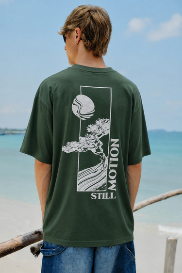 GROHOOD Oversized Olive Green Graphic T-Shirt for Men | Still Motion Back Print Tee | Premium Cotton Streetwear T-Shirt