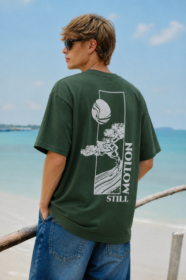 GROHOOD Oversized Olive Green Graphic T-Shirt for Men | Still Motion Back Print Tee | Premium Cotton Streetwear T-Shirt