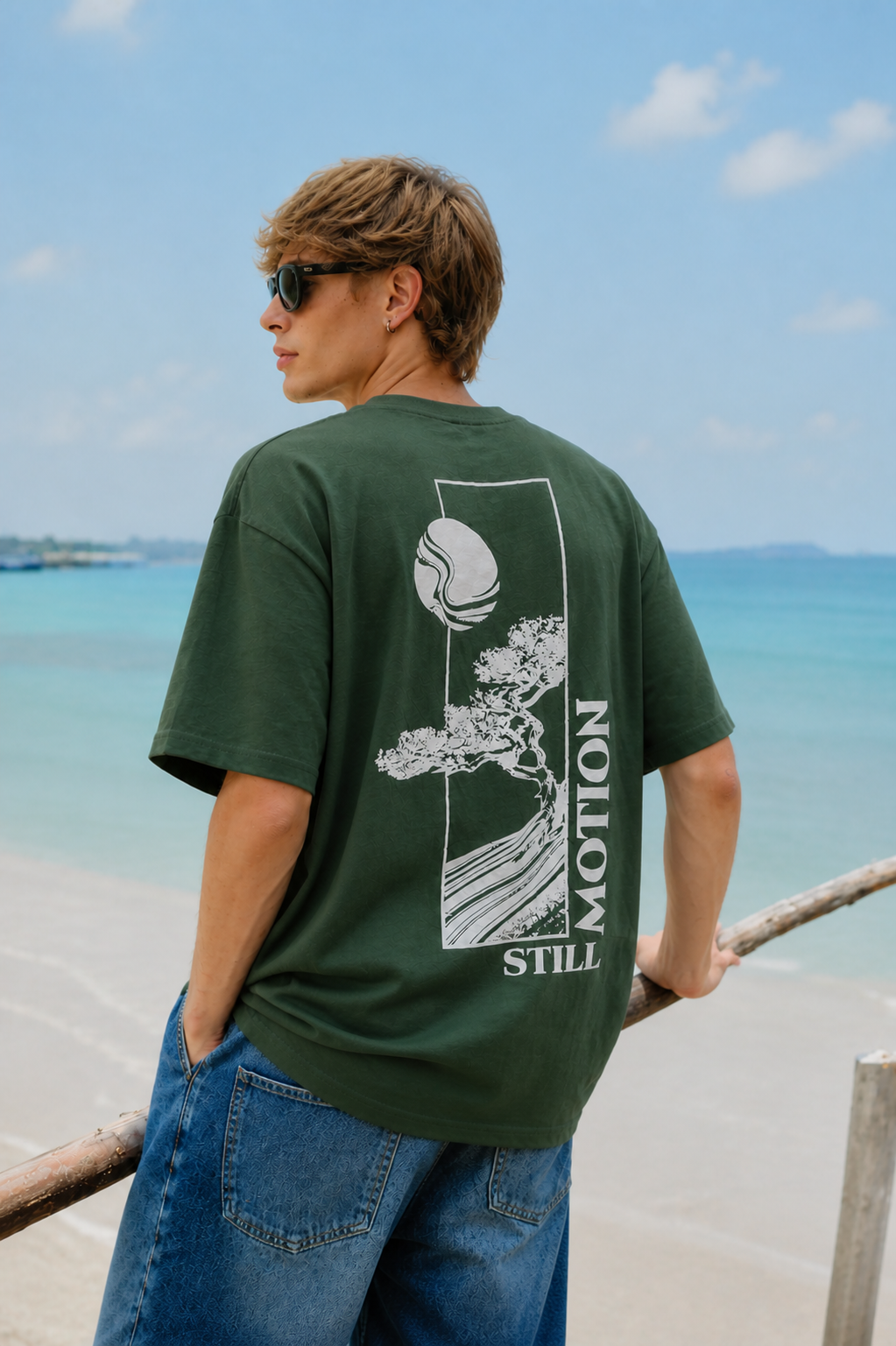 GROHOOD Oversized Olive Green Graphic T-Shirt for Men | Still Motion Back Print Tee | Premium Cotton Streetwear T-Shirt