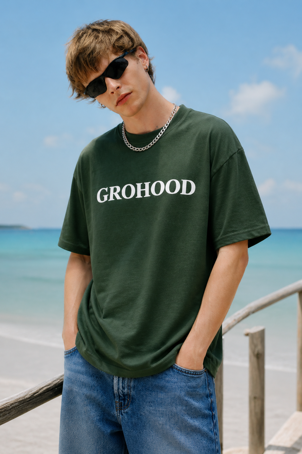 GROHOOD Oversized Olive Green Graphic T-Shirt for Men | Still Motion Back Print Tee | Premium Cotton Streetwear T-Shirt