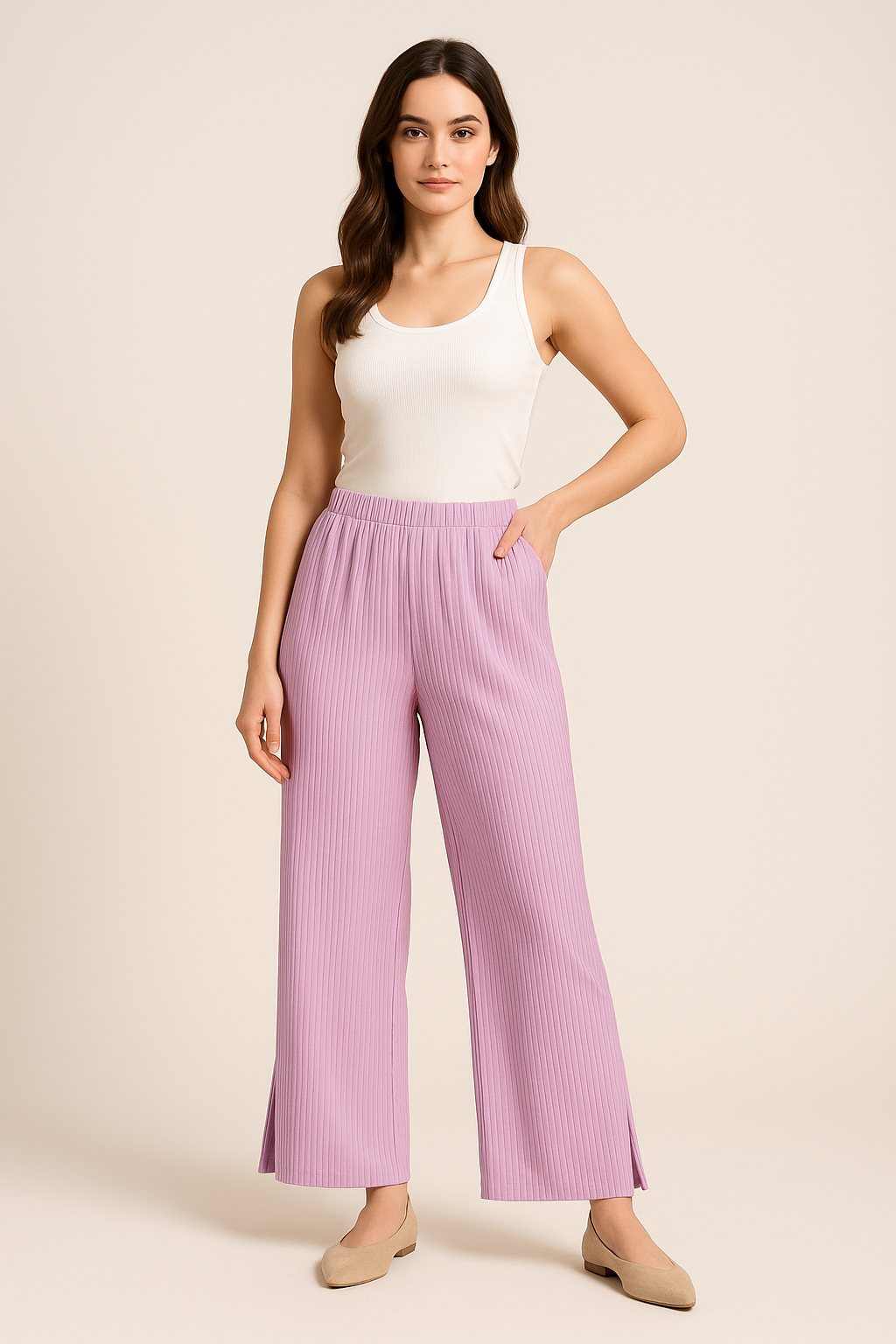 Women’s Lilac Ribbed Wide-Leg Pants