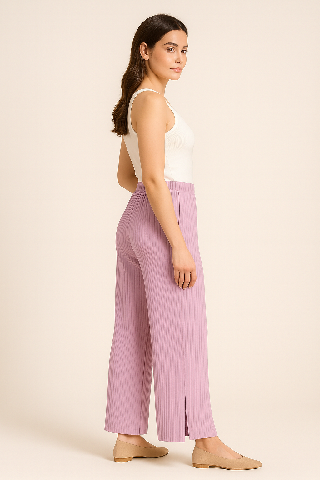 Women’s Lilac Ribbed Wide-Leg Pants