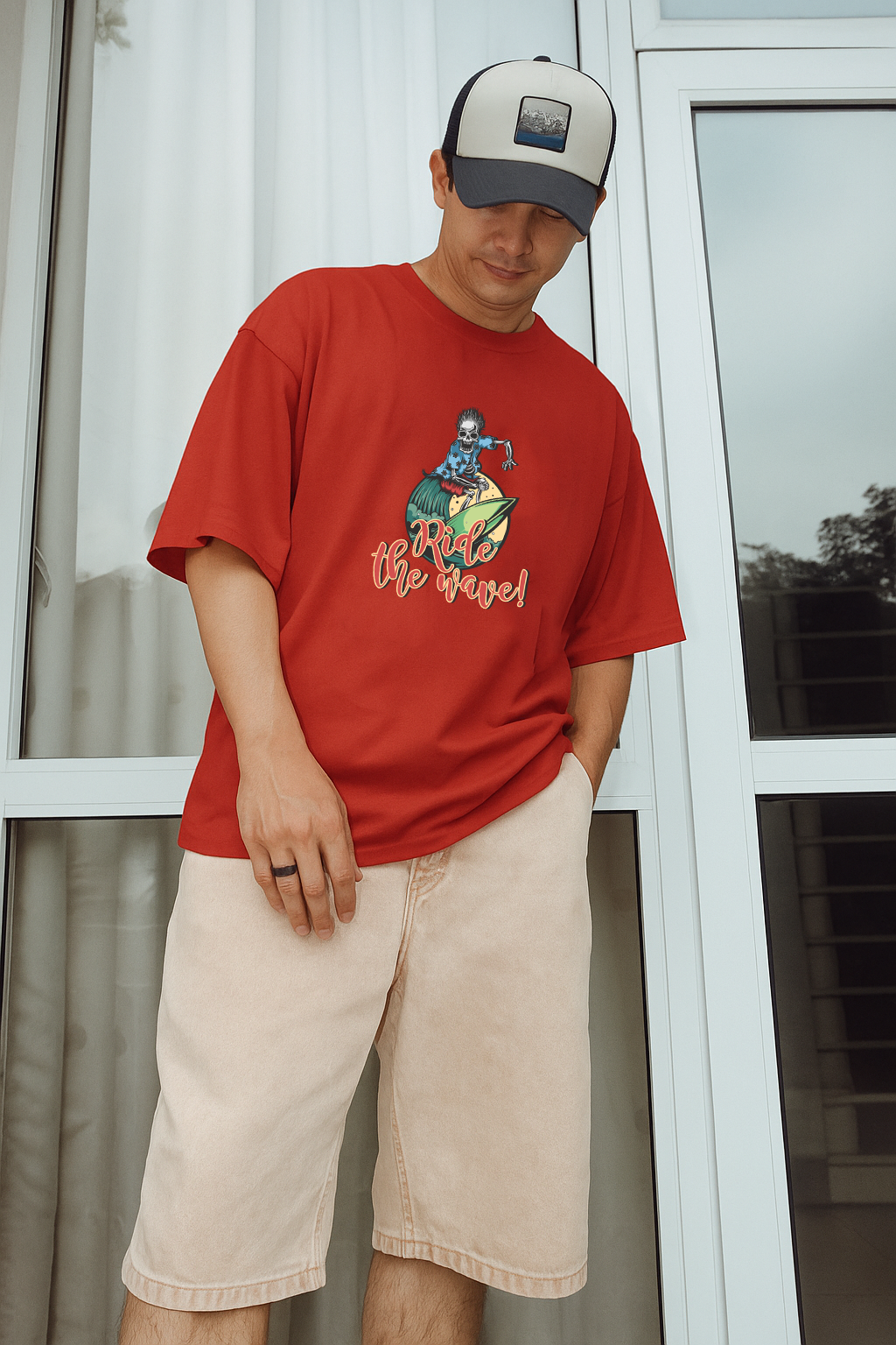 Men’s Oversized Printed T-Shirt – Ride the Wave Skeleton Surfer