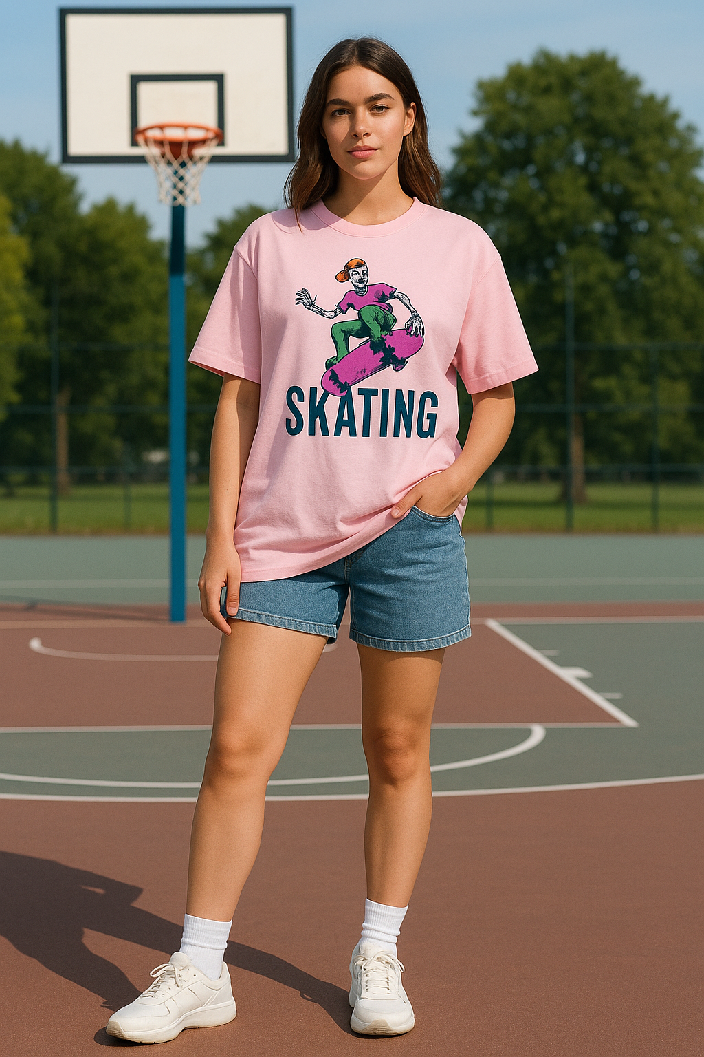 Women's Pink 'Skating Skeleton' Graphic T-Shirt
