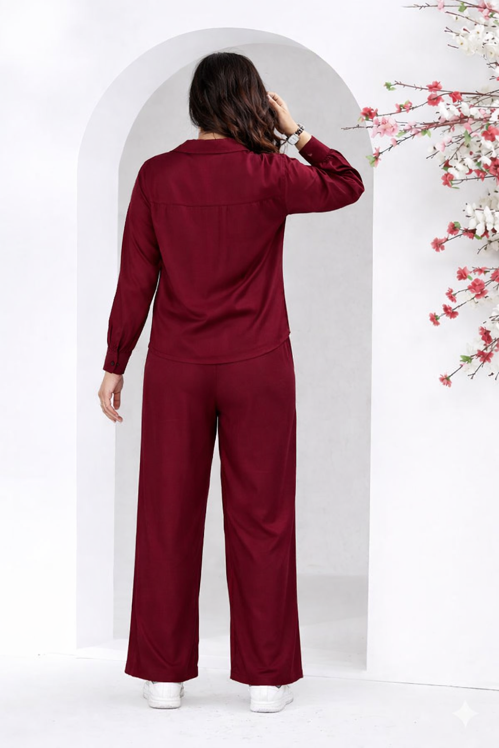Maroon Satin Shirt & Wide-Leg Pant Co-ord Set