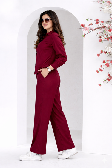 Wine Red Rose Line Embroidery Two-Piece Set