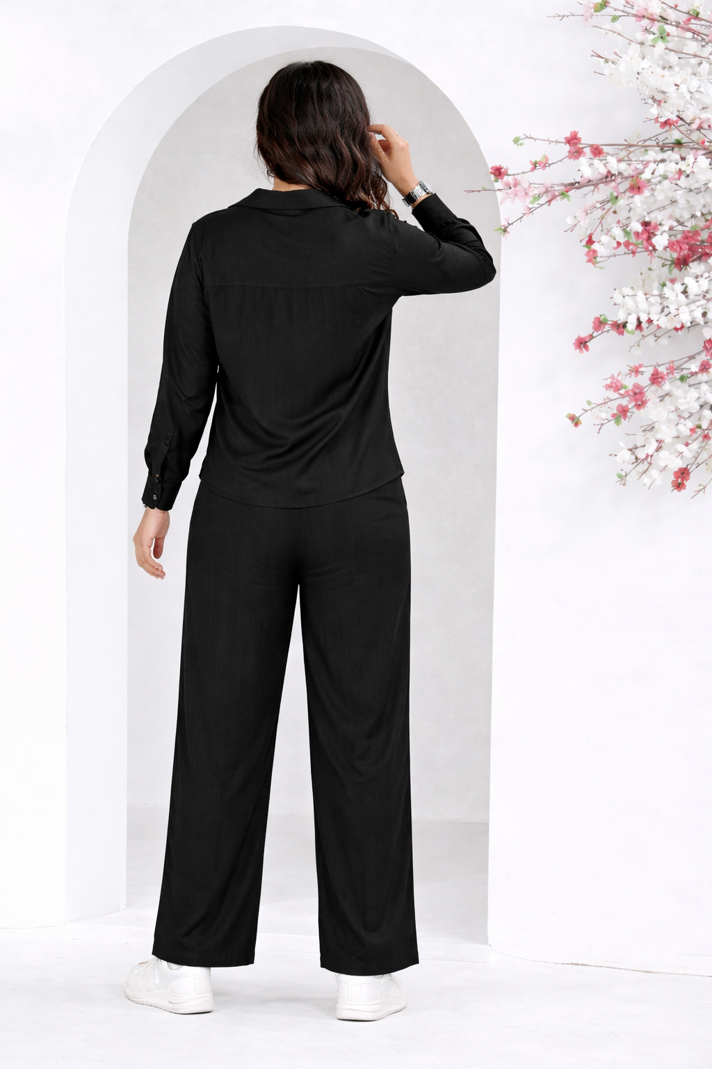 Classic Black Satin Shirt & Wide-Leg Pant Co-ord Set