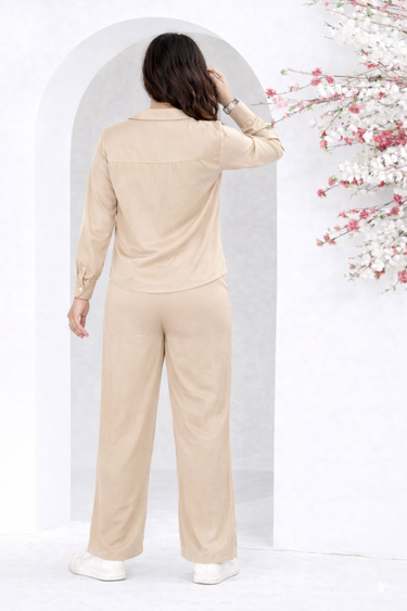 Beige Solid Shirt & Wide-Leg Pant Co-ord Set
