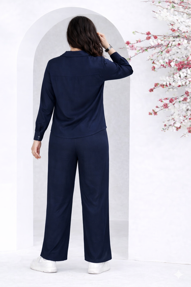 Navy Embroidery Detail Co-ord Set with Relaxed Fit Pants