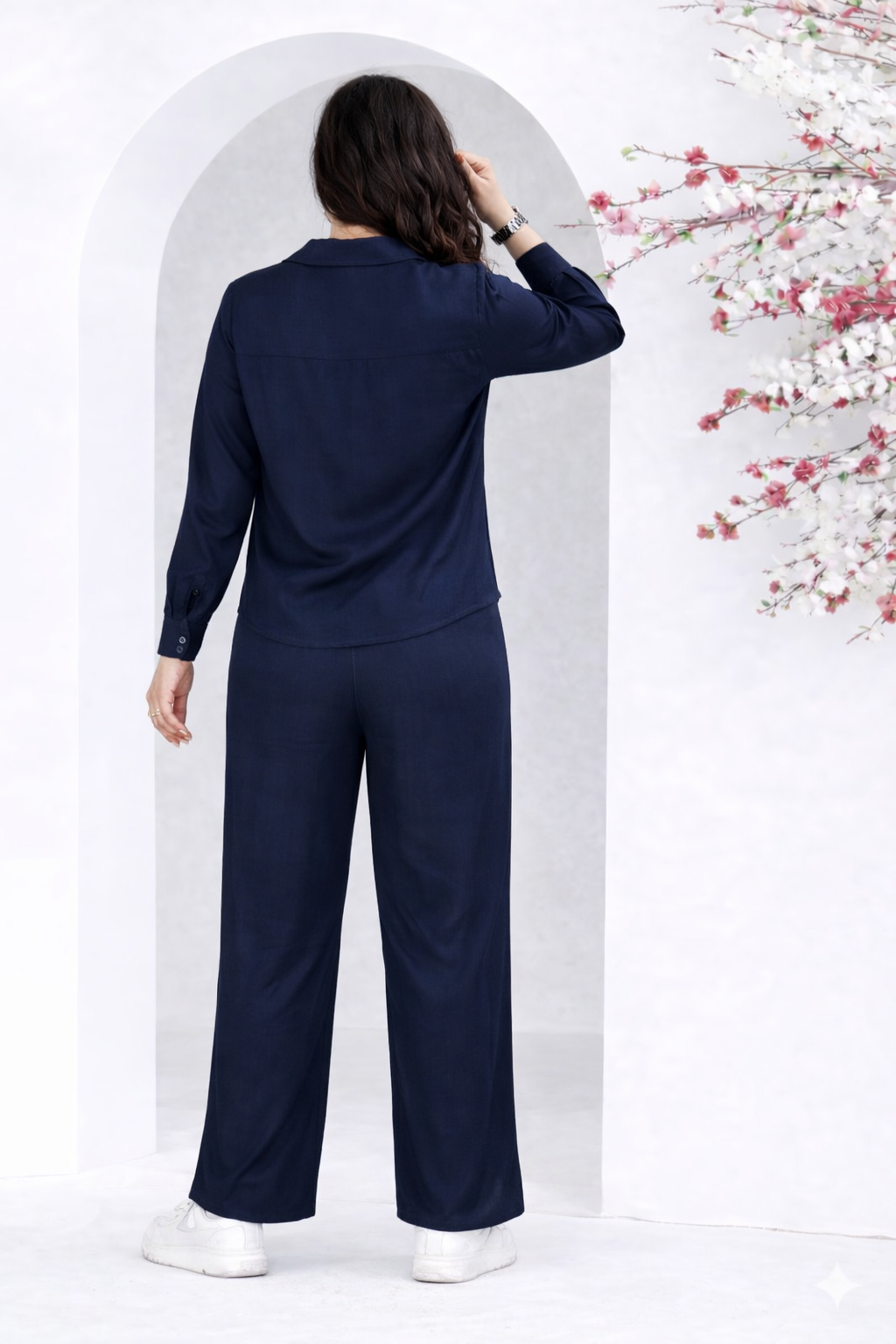 Navy Blue Solid Shirt & Wide-Leg Pant Co-ord Set