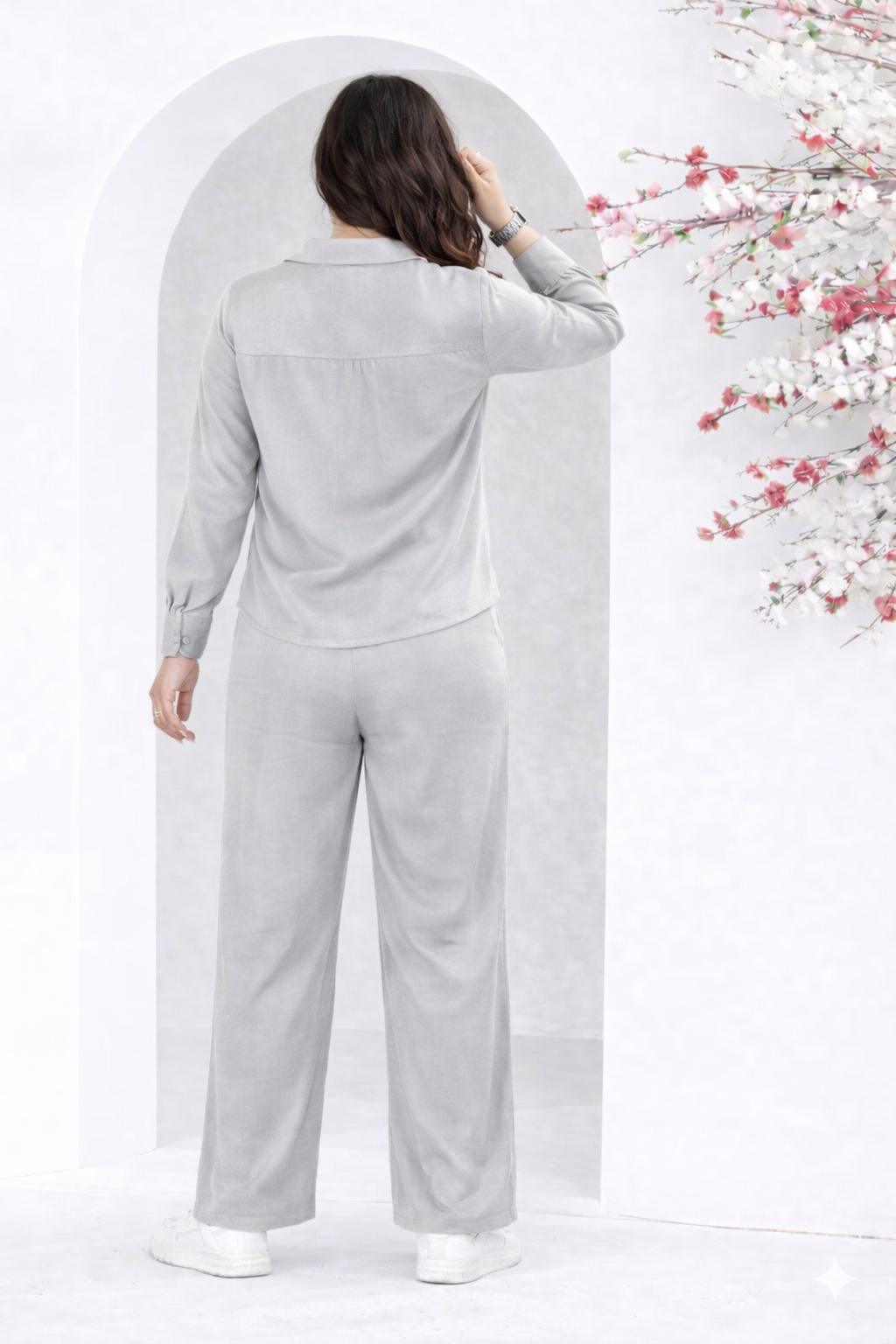 Light Grey Solid Shirt & Wide-Leg Pant Co-ord Set