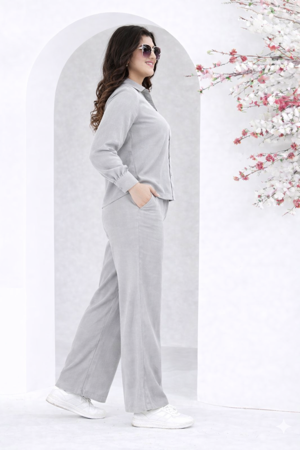 Elegant Grey Flamingo Motif Embroidered Two-Piece Set
