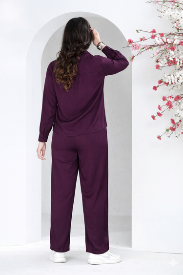 Maroon Embroidered Shirt & Wide-Leg Pant Co-ord Set