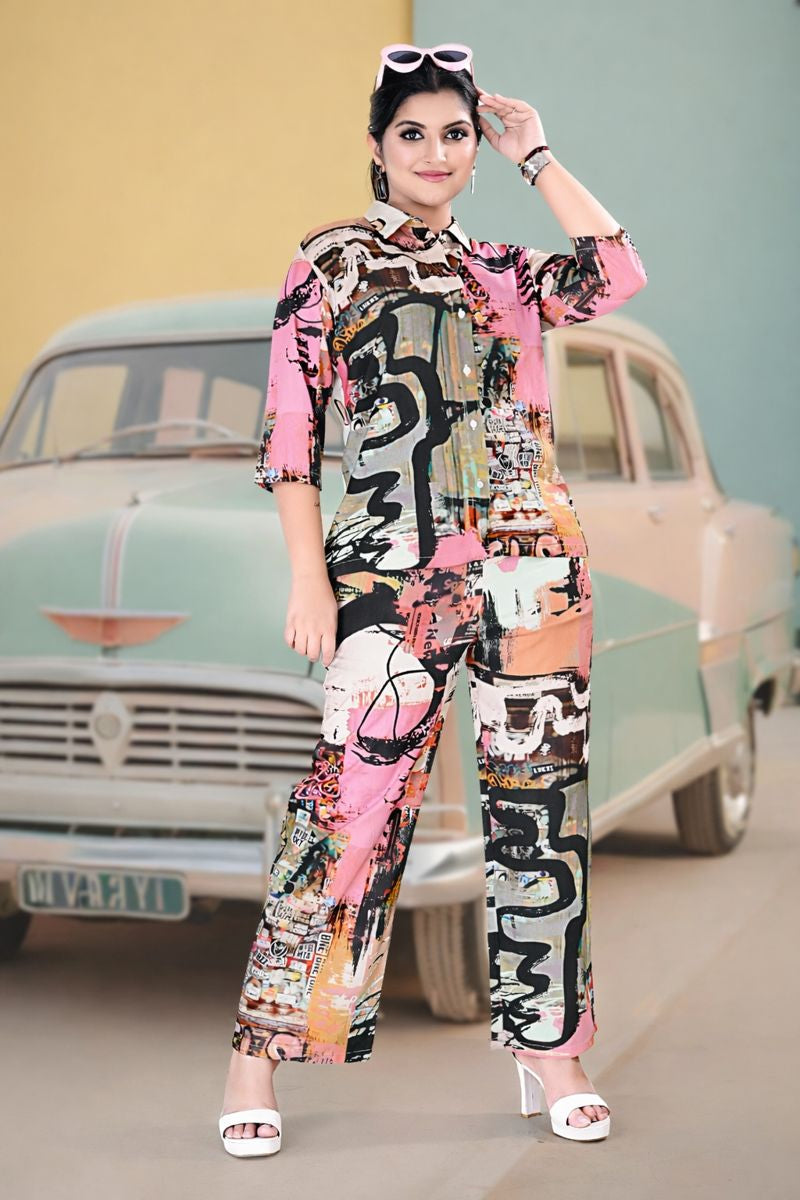 Pink Graffiti Print Shirt & Pant Co-ord Set