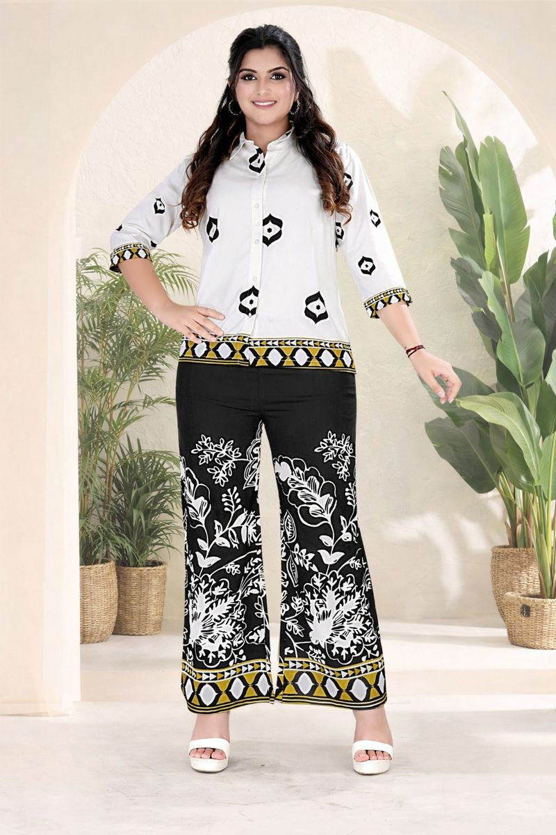 White Printed Shirt Top with Black Floral Palazzo Pants Co-ord Set for Women