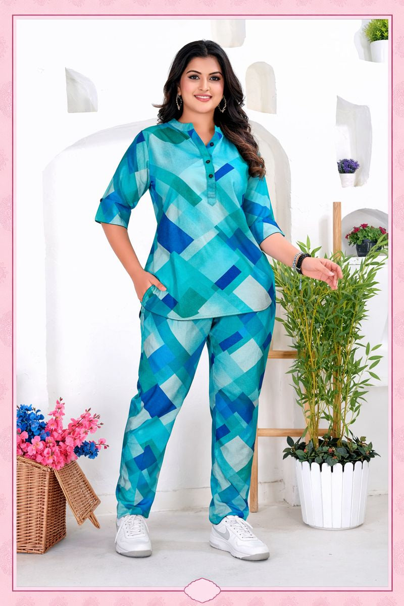 Teal Geometric Print Top & Pant Co-ord Set