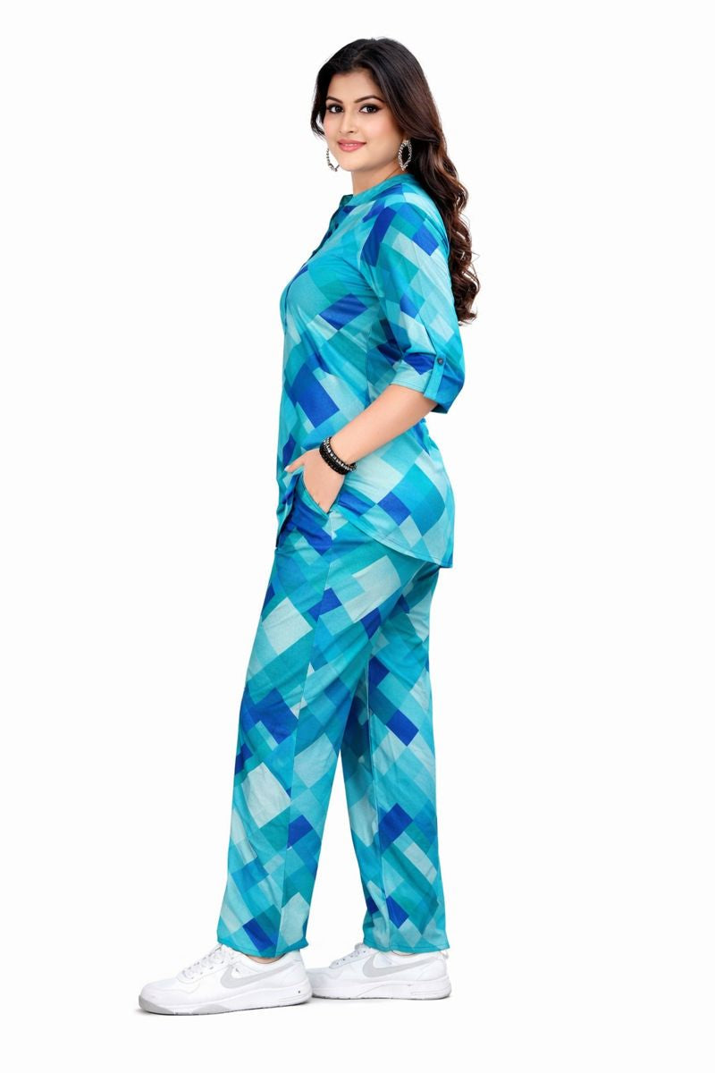 Teal Geometric Print Top & Pant Co-ord Set