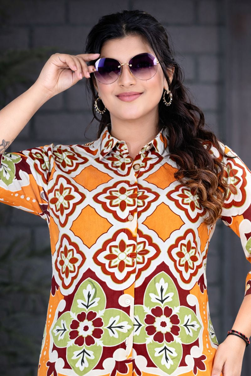 Orange Floral Print Shirt & Palazzo Co-ord Set