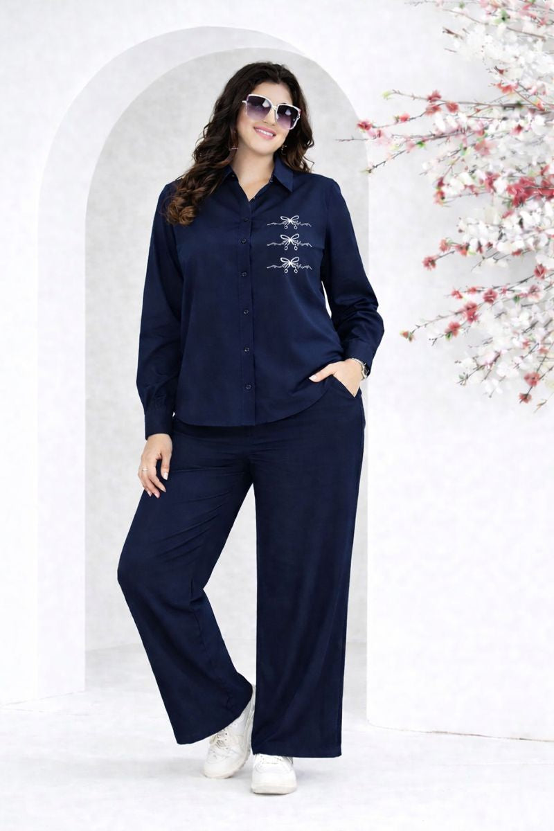 Navy Embroidery Detail Co-ord Set with Relaxed Fit Pants