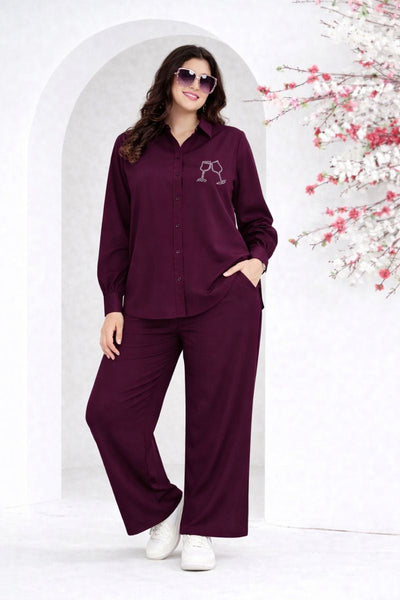 Maroon Embroidered Shirt & Wide-Leg Pant Co-ord Set