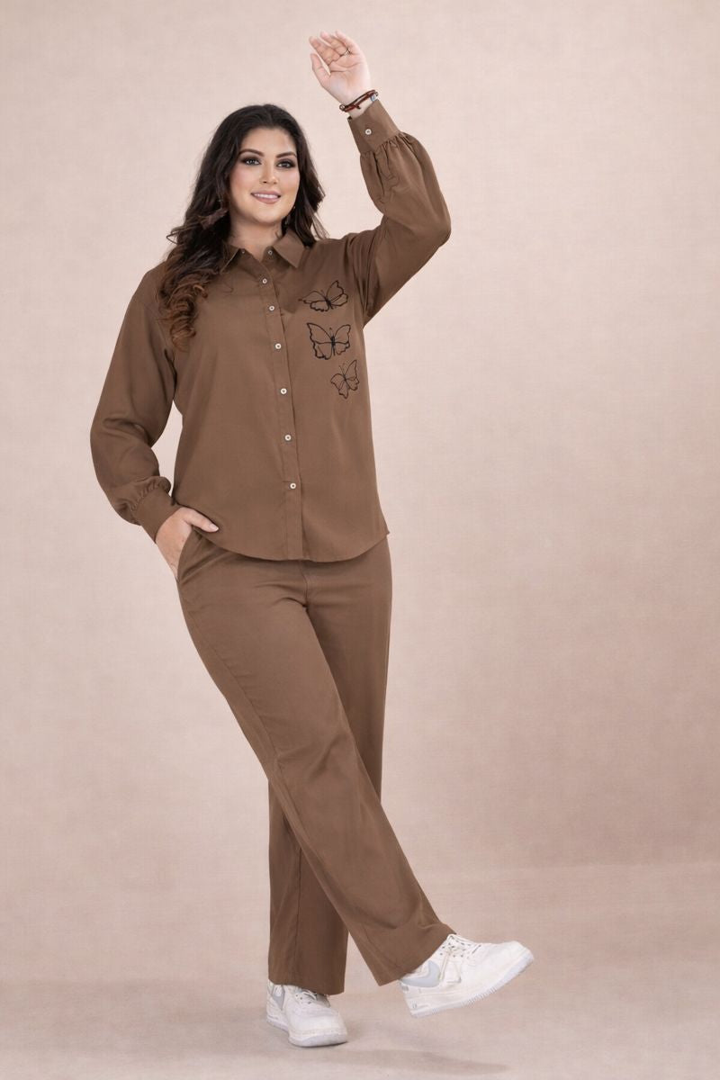 Brown Butterfly Embroidered Shirt & Pant Co-ord Set